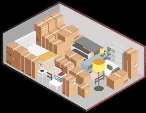 Illustration of a large storage unit filled with furniture and many stacked boxes